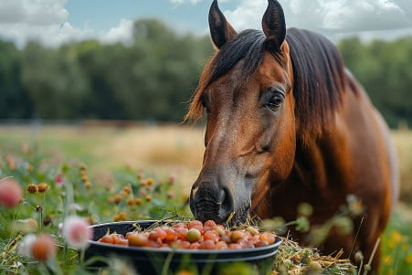 Brown horse with shiny coat eating hay in a green pasture, ignoring a bowl of meat, on a scenic farm