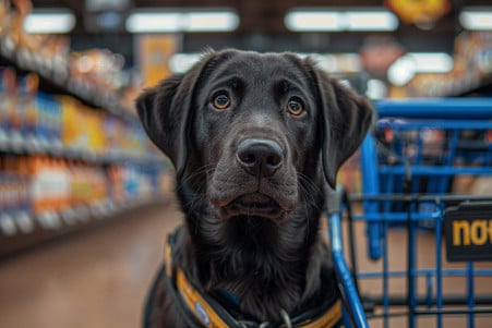 Service black Labrador retriever in a vest next to a Walmart shopping cart, representing store accessibility