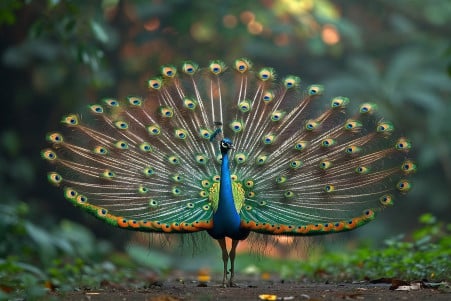 Male Indian Peafowl displaying vibrant tail feathers in a lush garden