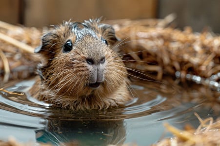 Concerned Abyssinian Guinea Pig looking hesitantly at a small pool of water, surrounded by dry hay