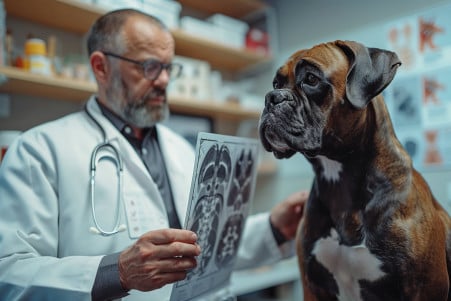 Veterinarian pointing to a dog's anatomical chart showing rib structure with a Boxer dog looking on, in a clinic