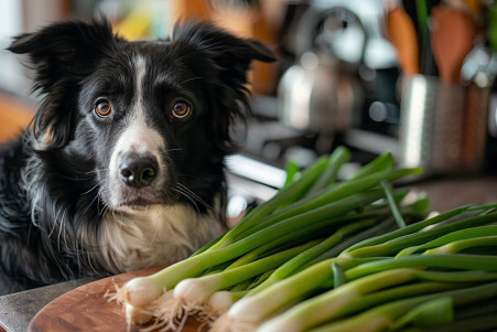 Watchful Border Collie eyeing scallions on a kitchen counter with a 'no dogs' sign