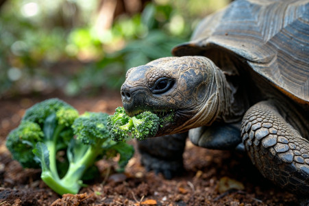 Green and brown-shelled tortoise eating a piece of broccoli in natural, sunny habitat