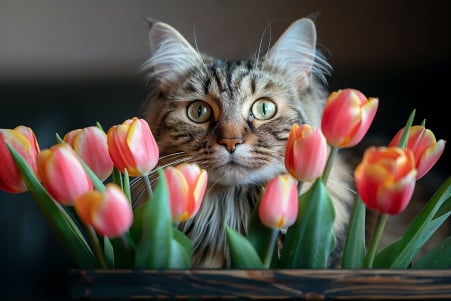 Concerned Maine Coon cat cautiously examining a vase of tulips indoors