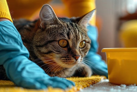 Tabby cat watching a person disinfect the floor in a bright, clean home interior