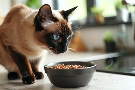 Siamese cat cautiously sniffing a bowl of chickpeas on a kitchen countertop