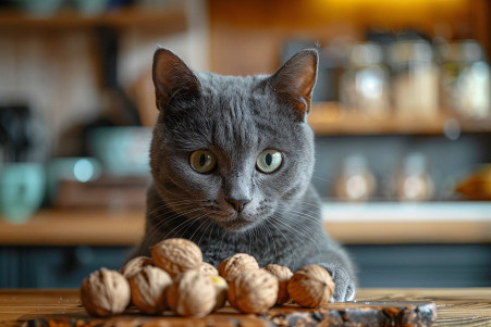 Russian Blue cat cautiously eyeing a pile of walnuts on a kitchen counter