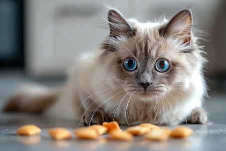 Curious Ragdoll cat examining Cheez-Its on a contemporary kitchen floor, avoiding eating them