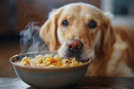 Labrador Retriever sitting in a kitchen, attentively watching a bowl of steaming chicken noodle soup