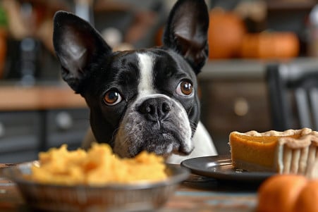 Boston Terrier eyeing a dish of mashed pumpkin and a slice of pumpkin pie on a Thanksgiving-themed kitchen counter