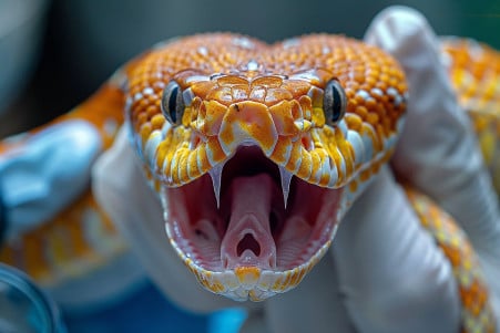 Corn snake with open mouth showing teeth, held by a handler with gloves and magnifying glass in a vet's exam room