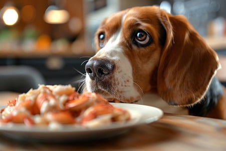 Curious Beagle sniffing a plate of cooked crab meat on a dining table with a kitchen scene in the background