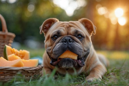 Cheerful Bulldog with a piece of cantaloupe in its mouth sitting on a grassy lawn