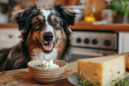 Happy Australian Shepherd dog sitting in the kitchen, looking eager with a bowl of goat cheese