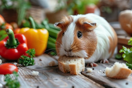 Brown and white Abyssinian guinea pig sniffing bread, with hay and vitamin-rich veggies in the background