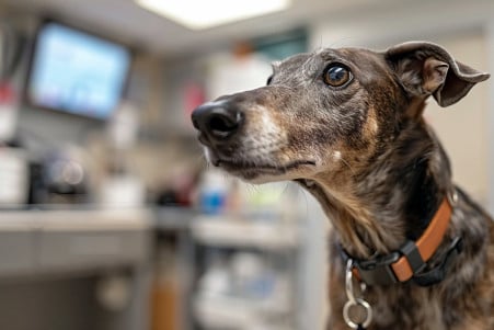 Concerned veterinarian examining a Greyhound dog in a clinic with medical equipment in the background