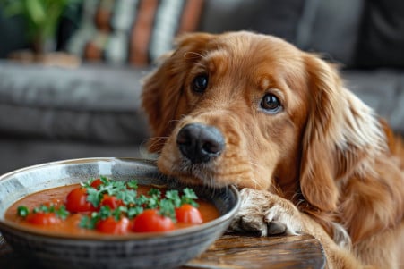 Golden Retriever sniffing a bowl of tomato soup on a coffee table in a home setting