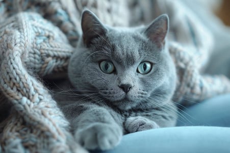 Russian Blue cat curled up between a person's legs on a bed, showing a serene expression of contentment