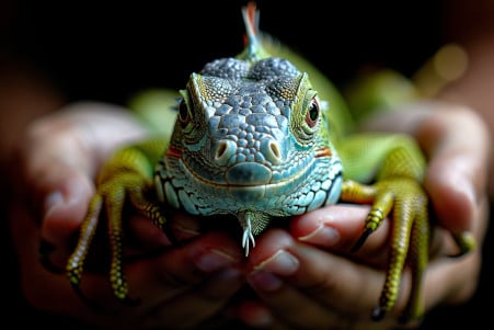 Calm green iguana being gently handled by an owner indoors with natural light, focusing on their interaction