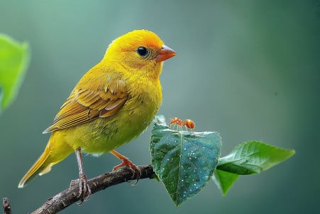Vibrant yellow bird perched on a branch observing an ant, set against a softly focused natural background