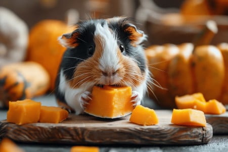 Tri-colored Abyssinian guinea pig nibbling on butternut squash with various squashes in the background