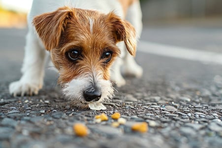Jack Russell Terrier sniffing at a piece of gum on a suburban street with its owner attentively ready to intervene