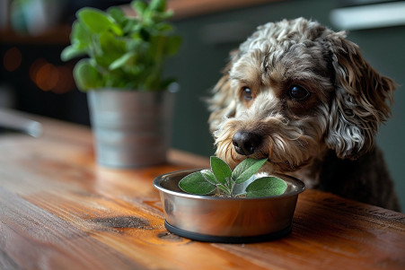 Curious Spanish Water Dog sniffing a small sage leaf by its bowl in a kitchen with sage plants in the background