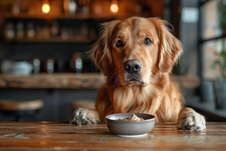 Attentive Golden Retriever sitting at a kitchen table with a bowl of almond butter, highlighted by natural light