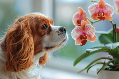 Cavalier King Charles Spaniel gently sniffing at non-toxic vibrant colored orchids in a sunny room