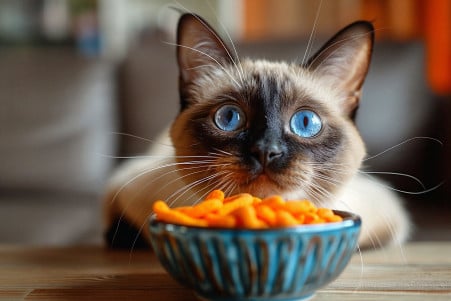 Intrigued Siamese cat sniffing a bowl of Cheetos on a living room table