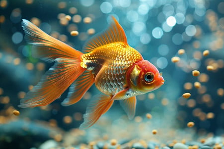 Vibrant orange goldfish examines betta food pellets on the surface of a clean tank