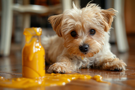 Small white dog with a worried expression beside a spilled bottle of mustard in a bright kitchen