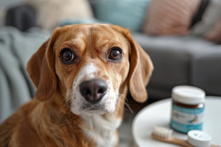 Concerned owner holding a beagle's muzzle with dog toothpaste and brush on the table