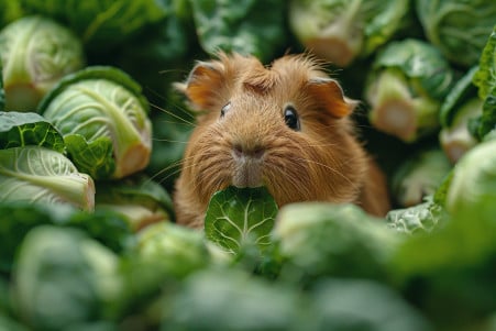 Joyful Abyssinian Guinea Pig nibbling on a Brussels sprout leaf in a green-grass environment
