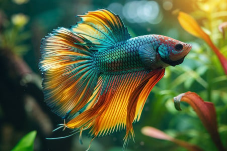 Vibrant Betta fish with multicolored fins in a decorated aquarium, appearing contemplative