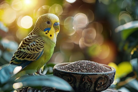 Bright green parakeet perched beside a bowl of chia seeds, showcasing its vibrant feathers and interest in the seeds