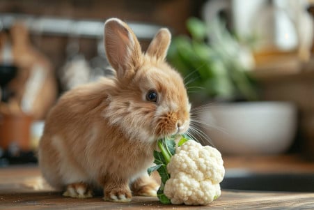 Lionhead rabbit inspecting a piece of cauliflower in a domestic kitchen setting