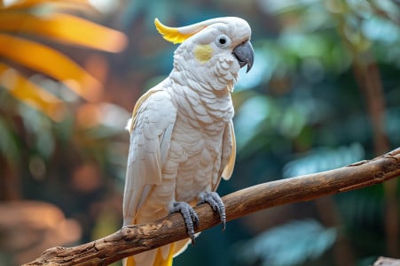 Majestic white cockatoo with a fanned yellow crest perched on a stick in a simulated natural indoor habitat