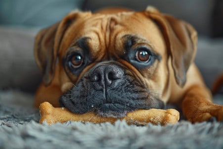 Pensive Boxer dog biting a chew toy with a teeth-grinding motion in soft room light
