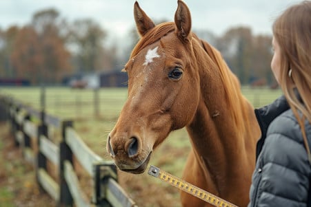 Chestnut brown Quarter Horse standing beside a person with a height measuring stick in a fenced pasture