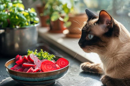 Curious Siamese cat examining a small bowl of sliced beets on a well-lit kitchen countertop