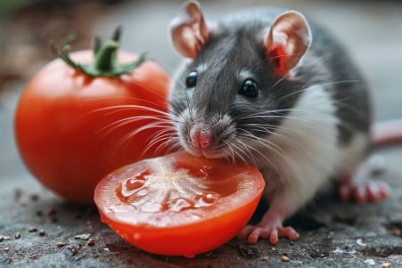 Inquisitive grey and white fancy rat sniffing a slice of ripe red tomato in a clean habitat
