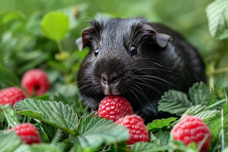 Joyful black guinea pig with a shiny coat sniffing a raspberry on a grass background with raspberry leaves