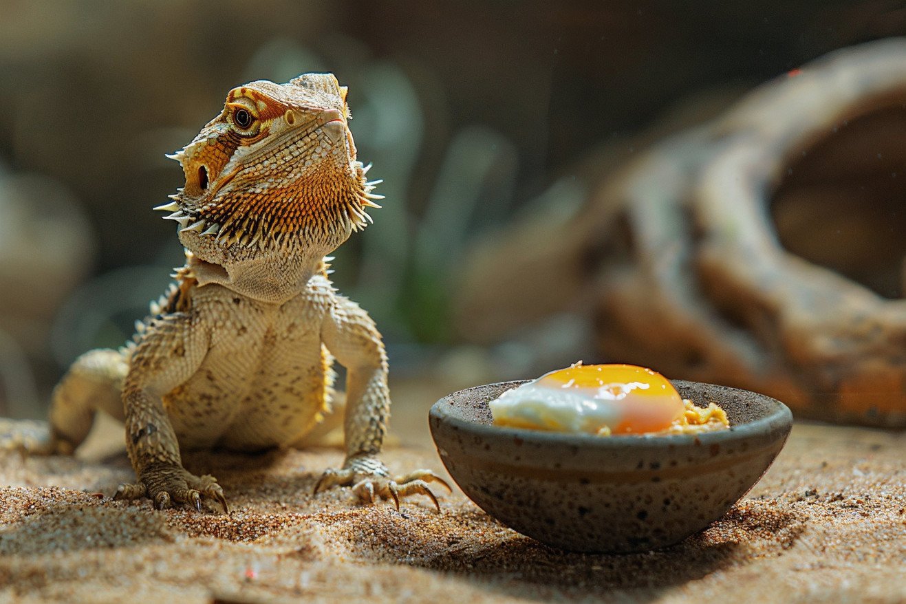 Bearded dragon sitting beside a dish of chopped egg in a sandy terrarium