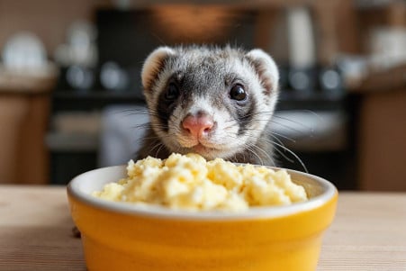 Curious ferret sniffing at a small bowl of scrambled eggs on a wooden surface in a kitchen