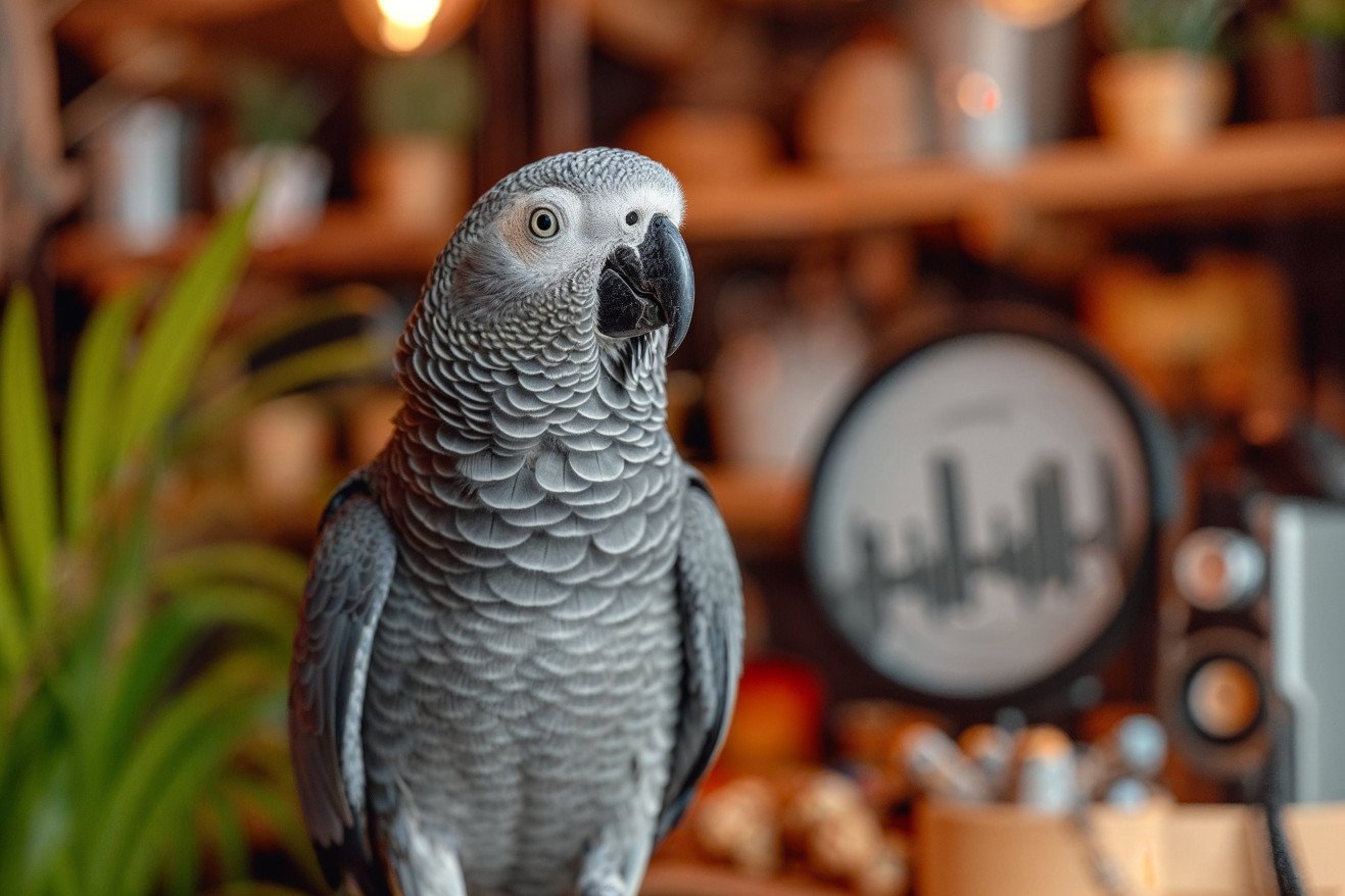 African Grey Parrot perched, head tilted towards a sound wave graphic, with parrot-friendly toys in the background