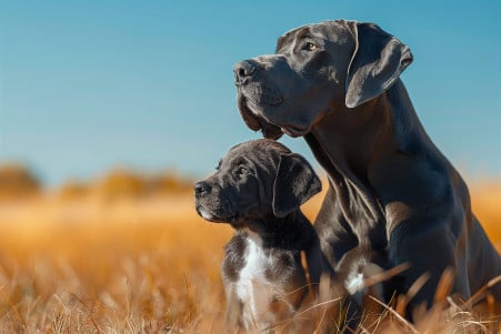 Great Dane puppy sitting beside an adult on a grassy field, looking up at it against a clear blue sky