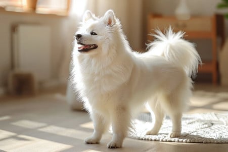 Puzzled Samoyed dog barking in an empty living room, with furniture slightly blurred in the background