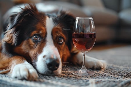 Border Collie staring with worry at a spilled glass of wine on a living room floor