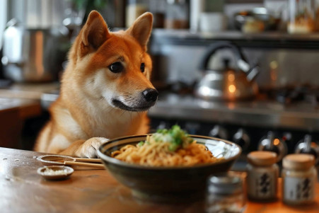 Perplexed Shiba Inu sitting at a kitchen table with a bowl of ramen noodles, illustrating the confusion about food safety for dogs